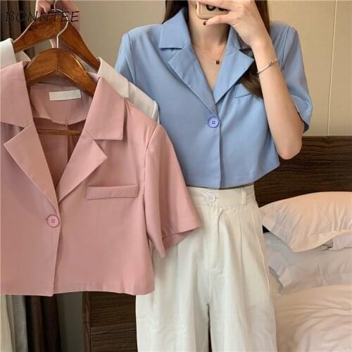 Shirts Women Notched Stylish Feminine Crops Retro Simple Single Button Summer Hot Sale Solid Cozy Thin Aesthetic Hipster Ulzzang