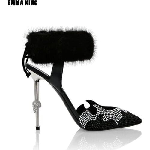 2021 Spring Women Luxury BlingBling Pumps Crystal Studded Shiny Shoes Runway Pointed Toe Ankle Feather High Heels Metal Heel