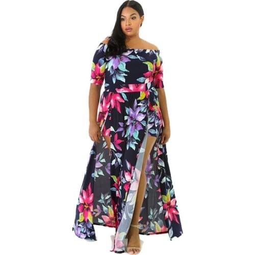 Wome Print Long Split Women Dress 2019 Fashion Sexy off shoulder Casual maxi dress Slash Neck vestidos Plus Size