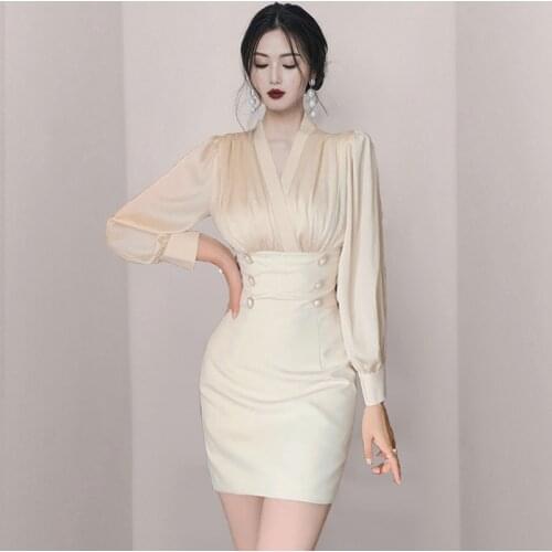 Women New Fashion Double Breasted Bodycon Dress 2021 Elegant V-Neck High Waist Slim Occasion Casual Pencil Dresses Vestidos