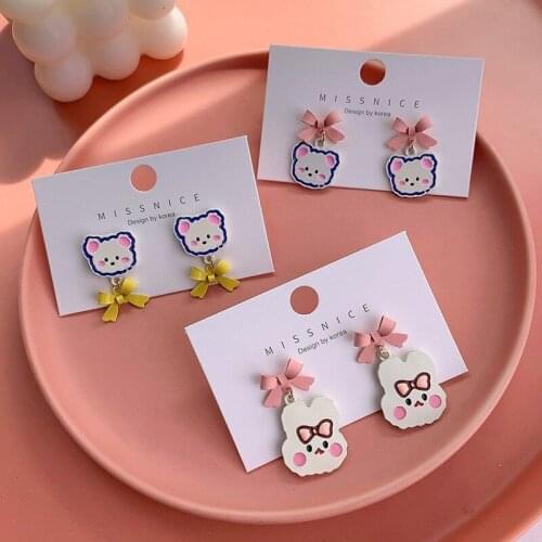 2021 Trend Sweet Pink Bow Rabbit Bear Earrings Cute Cartoon Fun Earrings Summer Earrings Wholesale Jewelry for Women
