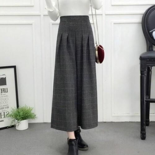 2020 Autumn Winter Woolen Plaid Pants Women Elastic High Waist Ankle-length Pant Plus Size Harajuku Wide Leg Trousers
