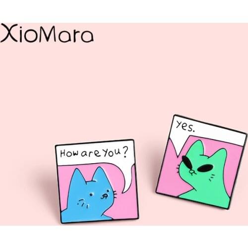 'HOW ARE YOU,CAT?' Enamel Pins Daily Greeting Dialogue Brooches Lapel Badges Cute Animal Jewelry Gifts for Friend Wholesale Pin