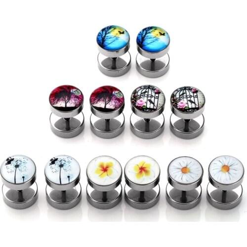 Jovivi Stainless Steel Cheater Fake Ear Plug 16 Gauge Illusion Barbell Screw Stud Earrings Assorted Anchor Flower Tree Patterns