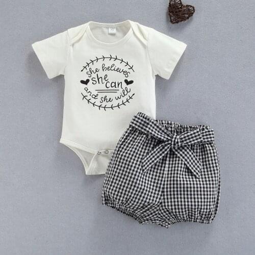 FOCUSNORM 0-24M Summer Baby Girls Boys Clothes Sets 2pcs Letter Printed Short Sleeve Romper Plaid Shorts