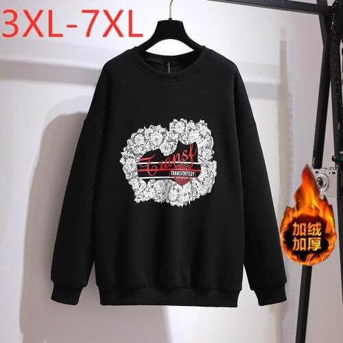 New Ladies Autumn Winter Plus Size Tops For Women Large Long Sleeve Black Print Wool Line Thick Warm T-shirt 3XL 4XL 5XL 6XL 7XL