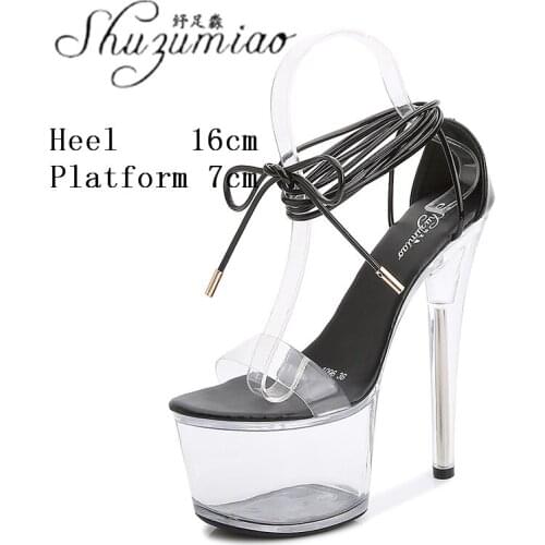 Sexy Model Crystal Show Roman Ankle Strap 16CM Transparent Platform Super High Heel Sandals Women Rhinestone Catwalk Clear Shoes