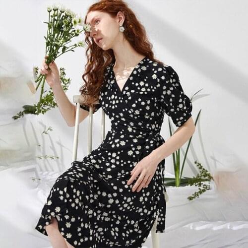 Women French Print Chic Short Sleeve Dress Floral Casual Female Dresses V-neck Boho Beach Sundress Summer Clothing for Women