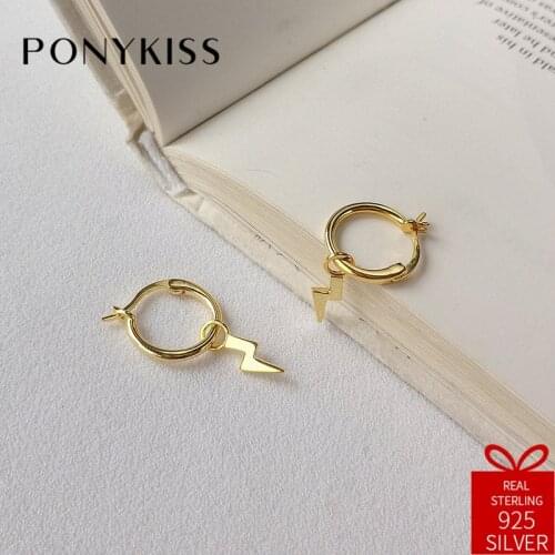 PONYKISS Hiphop 100% 925 Sterling Silver Chic Gold Lightning Hoop Earrings Women Party Fashion Accessories Birthday Fine Gift