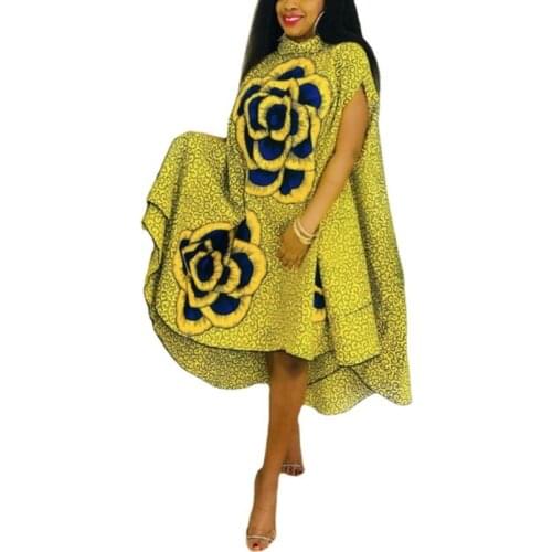 Floral African Dress Women Short Sleeve Turtleneck Loose Robes Fashion Streetwear Bazin Riche Dashiki African Dress 2021 Elegant