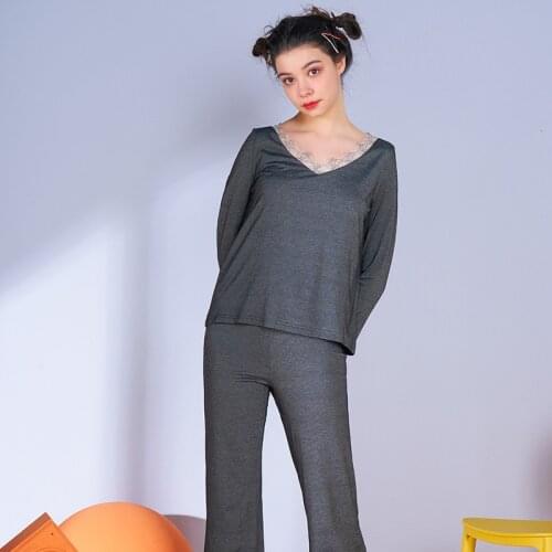 Yomrzl S017 Spring pajamas ladies thin long-sleeved two-piece set V-neck comfortable home clothes