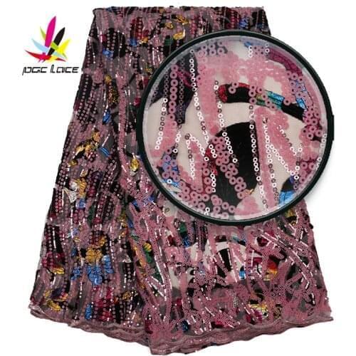 High Quality Nigerian Lace Fabric Pink Velvet Flocking Sequins Lace Fabric with Sequins for Wedding Party Velevt Lace XZ2830B