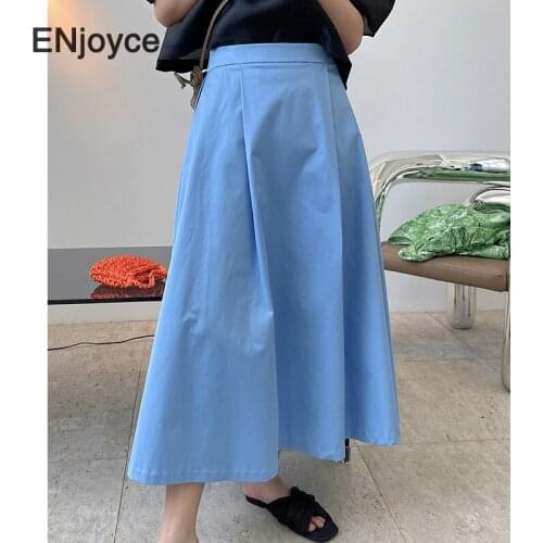 Blue Flared Skirt for Women High Waist A-line Pleated Skirts Casual Long Skirts Korean Style Fashion Chic Long Dress Summer 2021