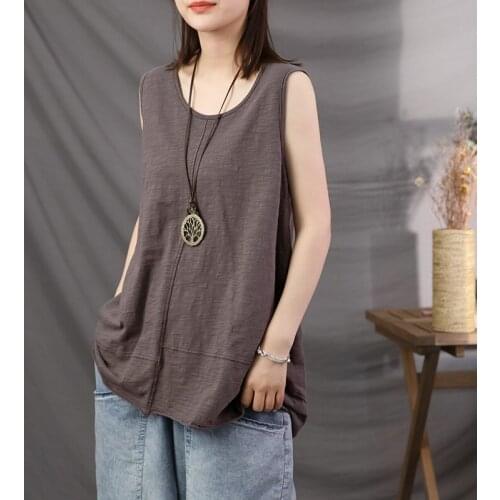 Cotton Linen 100% Solid Women Tank Tops Summer Vintage Loose Oversized Sleeveless All Match Female Pulls Outwear Tops