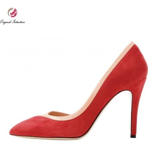 Original Intention New Design Women Pumps Elegant Flock Pointed Toe Thin Heels Pumps Red Stylish Shoes Woman Plus Size
