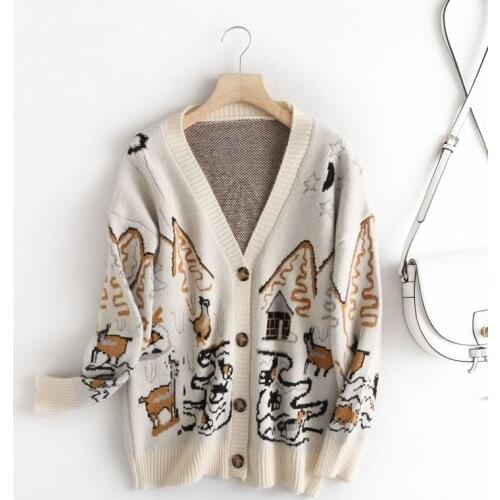 DOUJILI Women Short Sweater Autumn Winter Long Sleeve V neck Animal Print Casual Streetwear Fashion Femme Coat