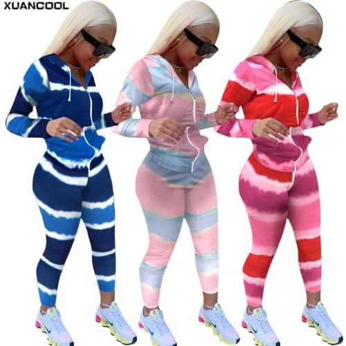 XUANCOOL Women Tracksuit Tie-dye Long-sleeved Zipper Hooded Jacket Coat+Long Pants Sportswear Two-piece Set Outfit Jogging Femme