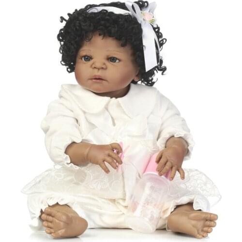 22" Full Body Silicone African American Baby Girl Doll Black Doll Bebe Reborn Curly Hair Children Bath Doll Toys Bonecas Reborn