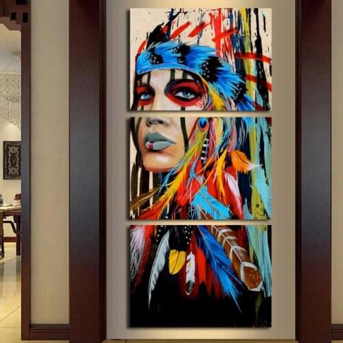 3 Panels Canvas Art Oil Paintings on Canvas Indian Woman with Feather Posters and Prints for Living Room Wall Decor