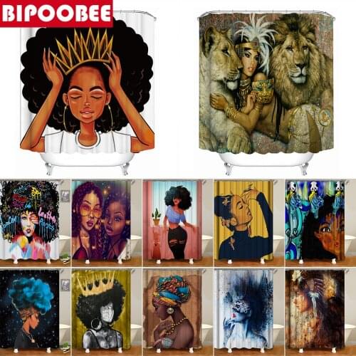 African American Women with Crown Shower Curtains Bathroom Curtain African Queen Couple Lion Polyeste Fabric Bathtub Decor