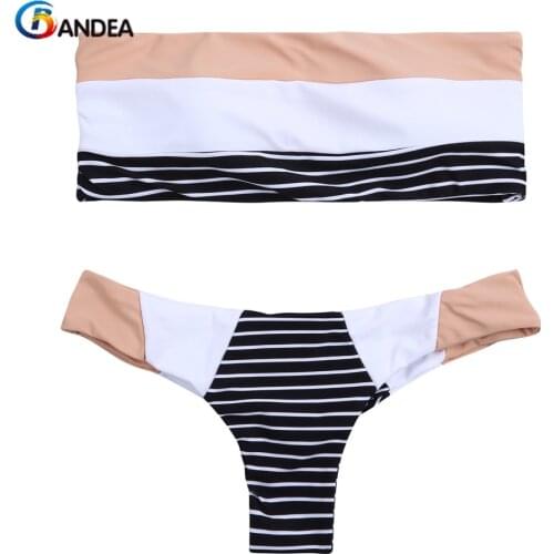 BANDEA Women Bikini Set Sexy Bandeau Swimwear Swimsuit Retro Patchwork Biquini Seamless Bathing Suit Striped Thong Bodysuit
