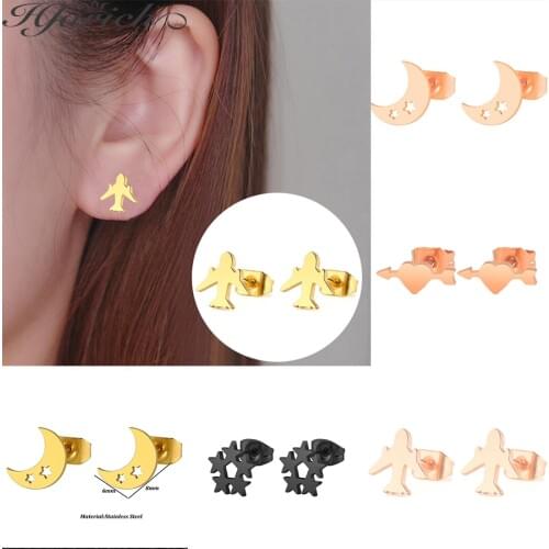 Hfarich Sweet Airplane Moon-Star Love-heart Star-flower Earring Graceful Exquisite Colorful Simple Stainless Steel For Girl Gift