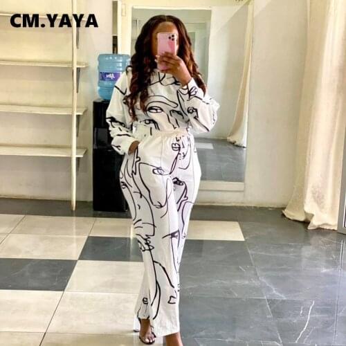 CM.YAYA Women Set Print Full Sleeve O-neck Loose Tops Stretchy Wide Leg Pants with Pockets Two 2 Piece Set Tracksuit Fall Outfit