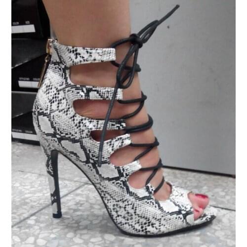 Summer 2017 Brand Choudory Sexy Women PU Snake Skin White Black Red Peep Toe Gladiator Cuts Out Zip Back Lace Up Front Sandals