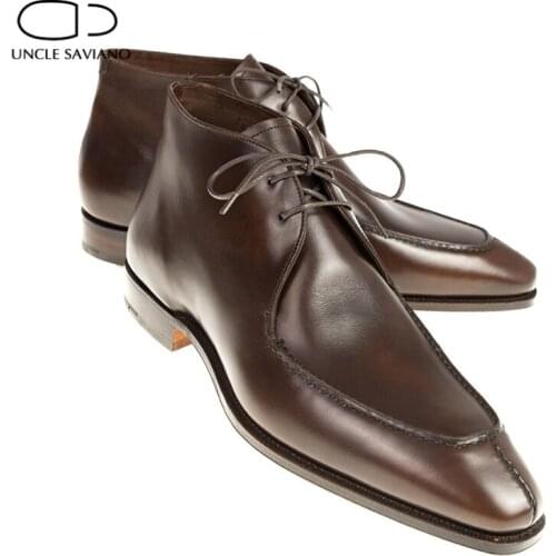 Uncle Saviano Lace Up Winter Mens Boots Low-top Shoes Work Boots Add Velvet Fashion Designer Shoes Non-Slip Genuine Leather