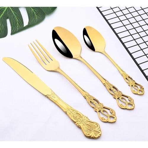 2/4/6/8/Set Royal Flatware Cutlery Set Gold Stainless Steel Luxury Dinnerware Knife Tea Spoon Fork Kitchen Tableware Silverware