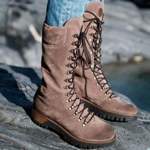 New Winter Boots Fashion Womens PU Boots Round Toe Western Lace-Up Side Zipper Ladies Boots Comfort Non-Slip Motorcycle Boot