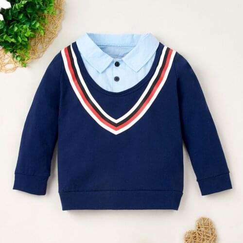 2020 autumn and winter hot new boys blue long-sleeved splicing lapel T shirt fashion trend splicing T shirt
