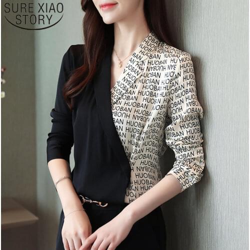 Autumn Women Tops 2021 Ladies Tops Chiffon Blouse Shirts for Women Long Sleeve V-neck Button Letter Blusas Clothes Women 6088 50