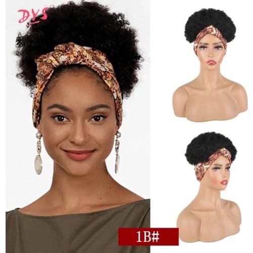 Deyngs Turban Wrap-wig 2 in 1 Afro Puff Hairband Bun Drawstring Headwrap Synthetic Short Kinky Curly Headband Updo Wig