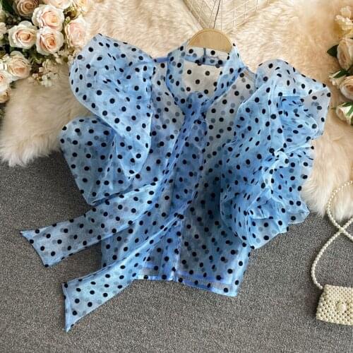 Sexy Women Perspective Polka Dots Organza Ruffles Chiffon Shirts French Mesh Flowers Bow Tie Shirts Puff Sleeve Crop Tops Blusas