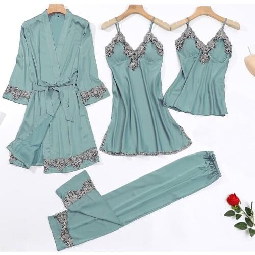 4PCS Pajamas Set Silky Satin Sleepwear Women Loose Casual Kimono Bathrobe Gown Sexy Patchwork Lace Trim Pijamas Suit Sleep Set
