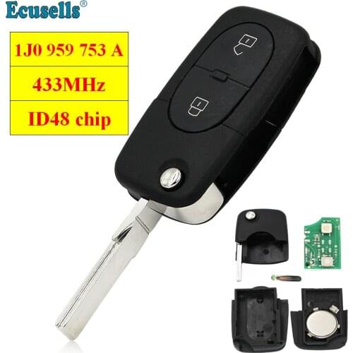 Flip Remote Key Fob 1J0 959 753 A 2 BUTTON 433Mhz with ID48 Chip for Volkswagen Bora Golf Beetle Polo Passat Seat Skoda