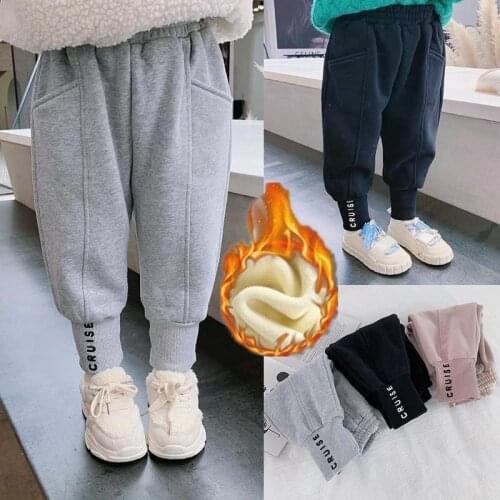 Boys Warm Pants Thickened Solid Cotton Unisex Winter Girls Pants Autumn Pure Sports Pants Elastic Waist Kids Trousers Pockets