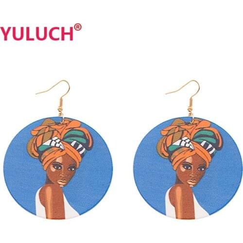 YULUCH Wooden Round Painted African Woman Pendant Wooden Earrings for Fashion Jewelry Girl Party Gifts