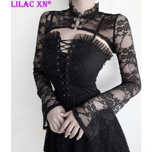 Sexy Floral Lace Sweatshirts Aesthetic Elegant Embroidery Flower Long Sleeve Inner Shirt Stand Collar Goth Y2K Women Basic Tops