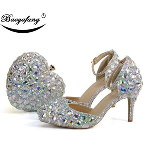 BaoYaFang AB crystal royal blue Fucshia Heart handbags and shoes woman Luxury Wedding shoes Ankle strap Ladies Party shoe female