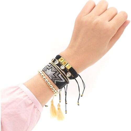 Female Punk Style Black Bracelets Diamond-studded Multi-layer Beaded Bangle Miyuki Rice Bead Woven Six-pointed Star Bracelet Set