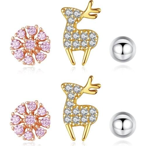 Anti-allergy S925 Sterling Silver Snowflake Deer Ball Earring Stud Sets Pink Zircon Gold Color Fashion Jewelry Women Gift