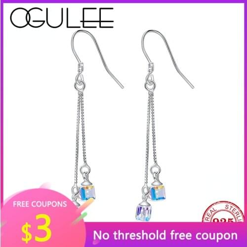 OGULEE New Women Earrings 925 Sterling Silver with Austrian Crystal Earrings Aurora Sugar Cube Silver S925 Long Earrings Jewelry