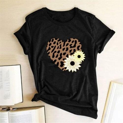 Femme Summer Loose Top Ropa Mujer Aesthetic Leopard Heart Flower Print Shirt for Women Short Sleeve O-Neck Graphic Tee Shirt