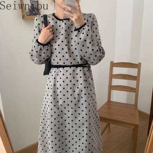 Vintage 2021 Spring Summer Original Vintage Elegant Coffee Gray Dot Long Long Sleeve Drape Women Dress Midi