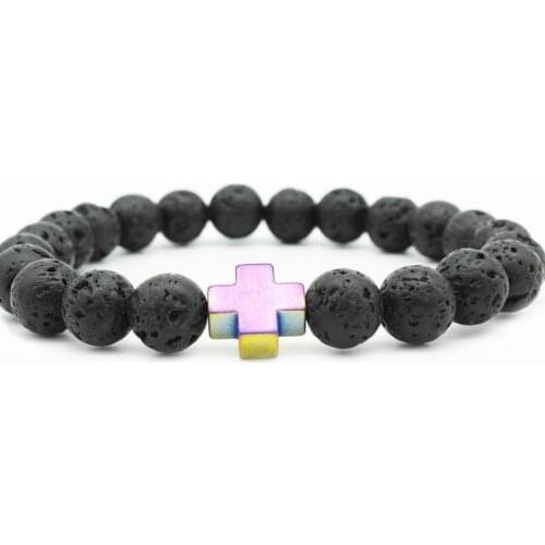 8mm xr3243 gold cross Magnetite adjusted zircon cubic zirconia Bracelet black volcanic lava Stone bead essential oils diffuser