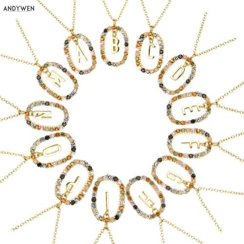 ANDYWEN 925 Sterling Silver Gold 26 Alphabet B J P Letters A M Initial Long Chain Necklace Summer Colorful Zircon Ovals Jewelry