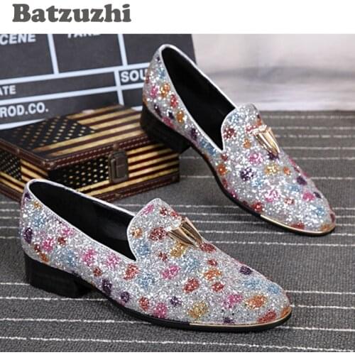Batzuzhi New Style Handmade Men Leather Shoes Sequins Round Toe Muti/Silver Grey Casual Leather Shoes Men Party/Wedding Loafers
