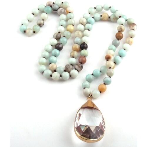 Free Shipping Fashion Bohemian Tribal Jewelry Natural Amazonite Stones Knotted White Glass Drop Pendant Necklace
